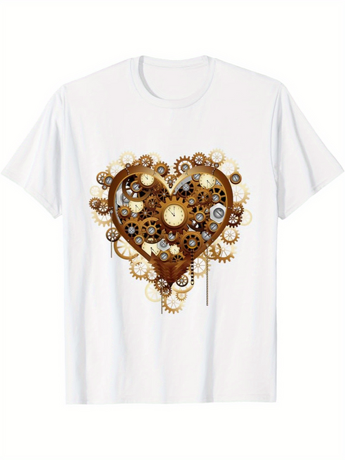 Men's Graphic T-Shirt Intricate Steampunk Clockwork With Interlocking Golden Gears And Rusty Heart