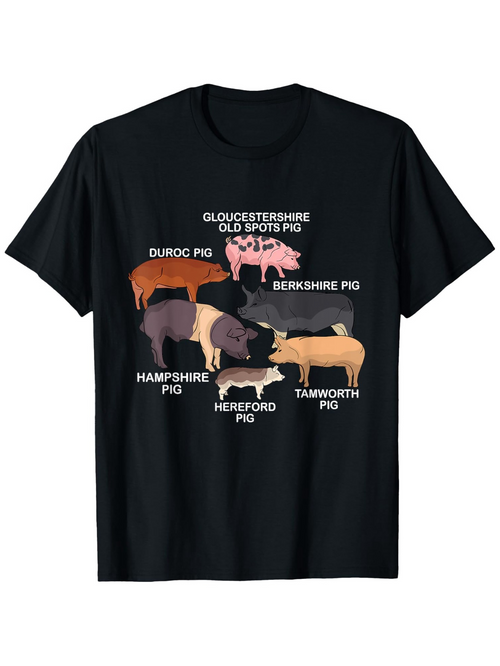 Men's Graphic T-Shirt Six Illustrated Different Breeds Of Farmyard Pigs With Labels Pig