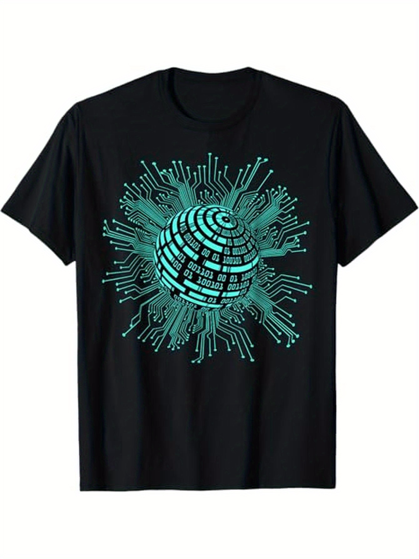Men's Graphic T-Shirt Glowing Circuit Board Pattern Surrounding Spherical Digital Core