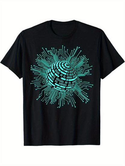 Men's Graphic T-Shirt Glowing Circuit Board Pattern Surrounding Spherical Digital Core