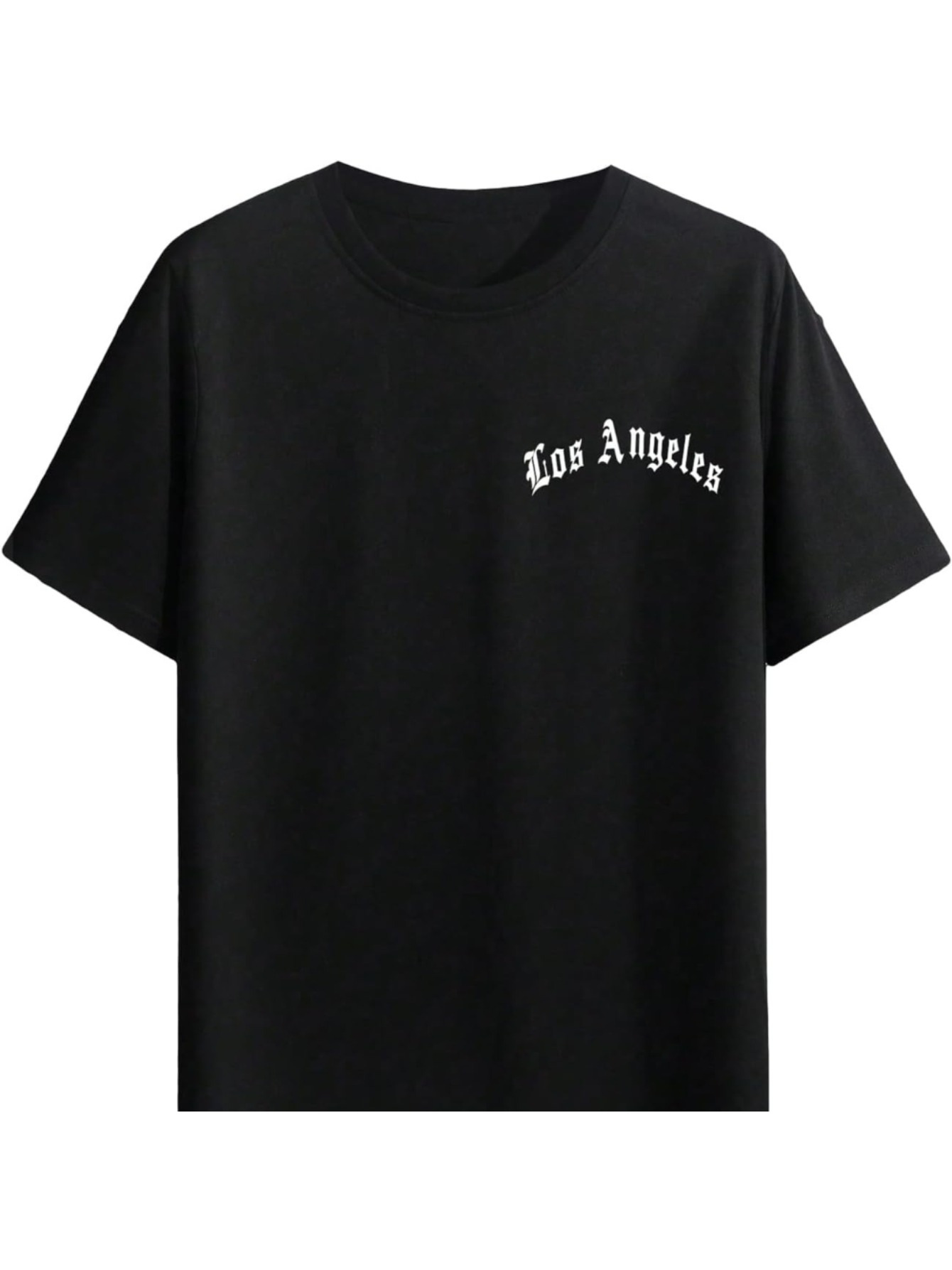 Men's Graphic T-Shirt Curved White Lettering Over Simple Black Cotton Los Angeles T Shirt