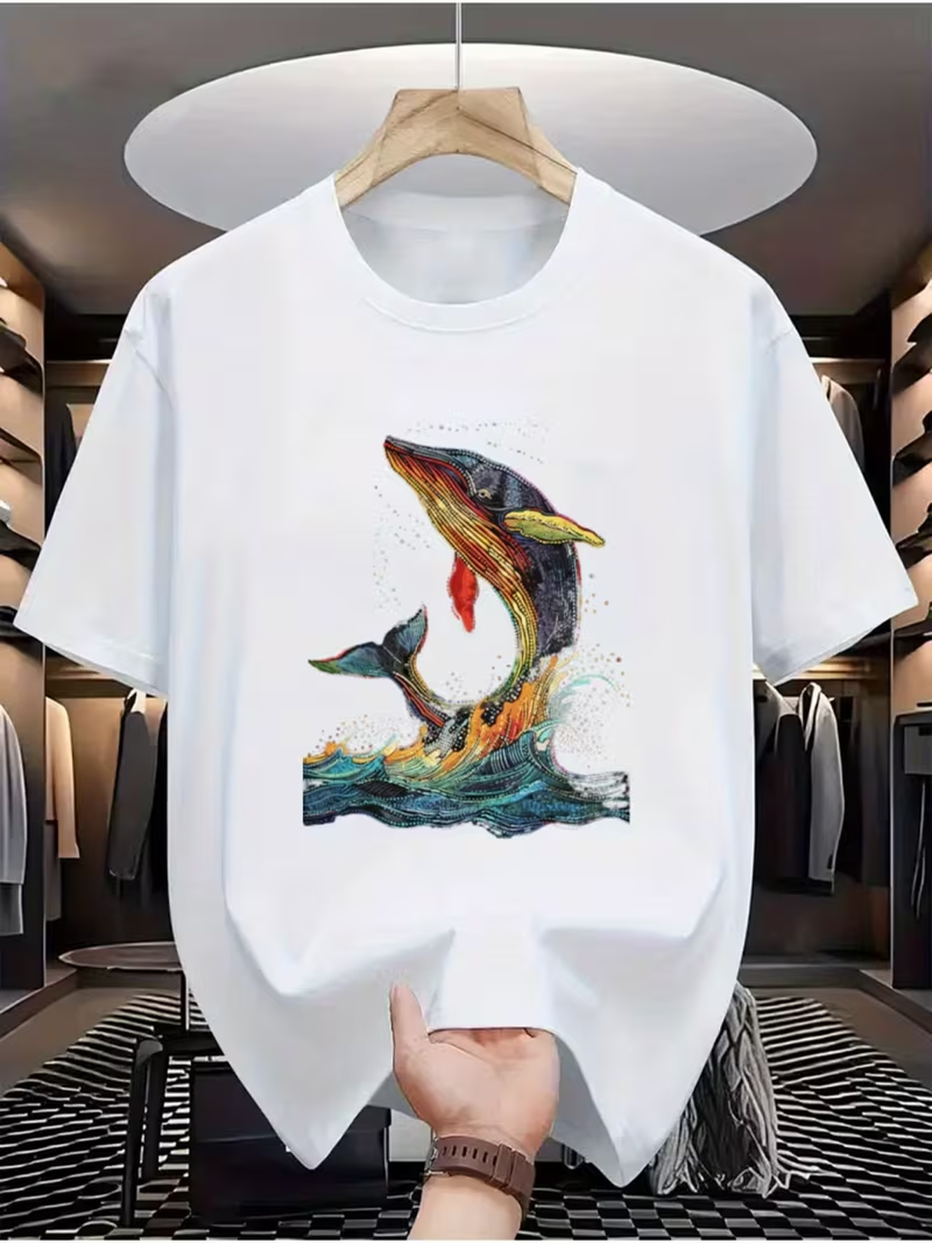 Men's Graphic T-Shirt Colorful Artistic Splashing Waves With Swimming Oceanic Whale