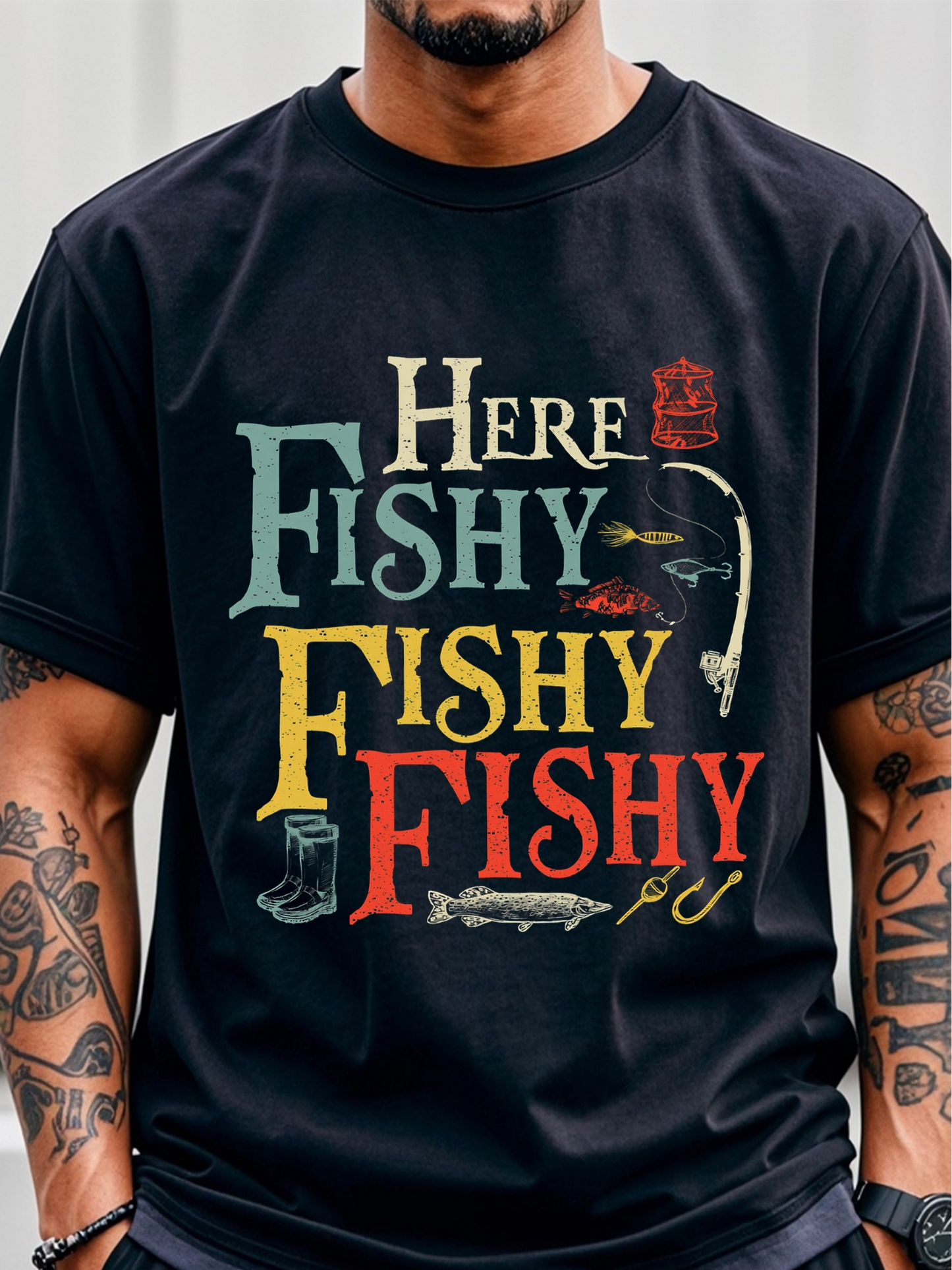 Men's Graphic T-Shirt Here Fishy Fishy Fishy With Fishing Hook Boots Bait And Lure