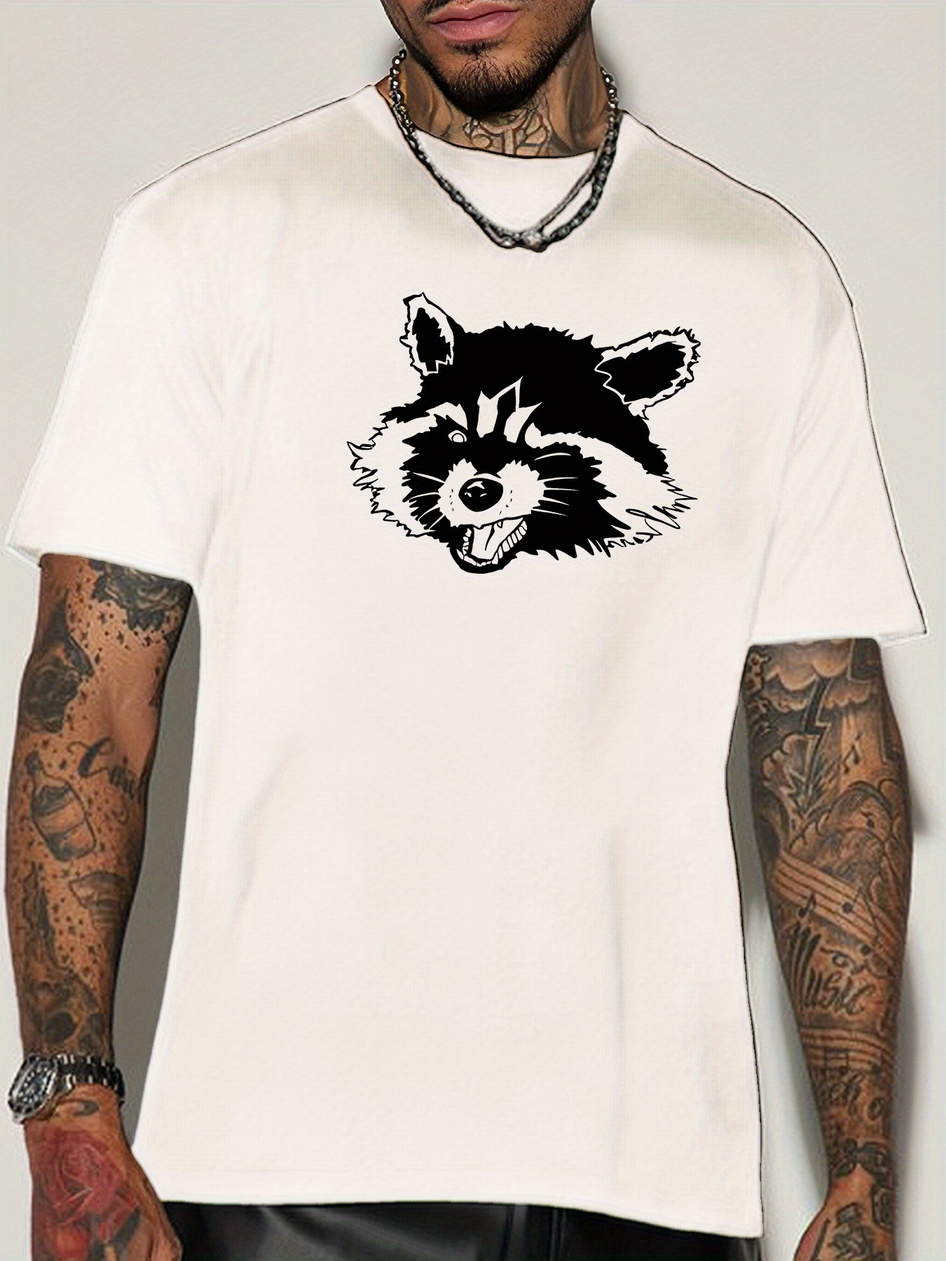 Men's Graphic T-Shirt Playful Ink Style Raccoon Head On Minimalist Cotton T Shirt
