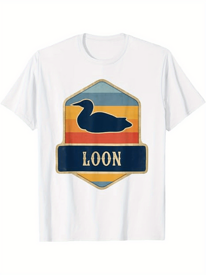 Men's Graphic T-Shirt Retro Sunset With Silhouette Bird On Colorful Badge Loon