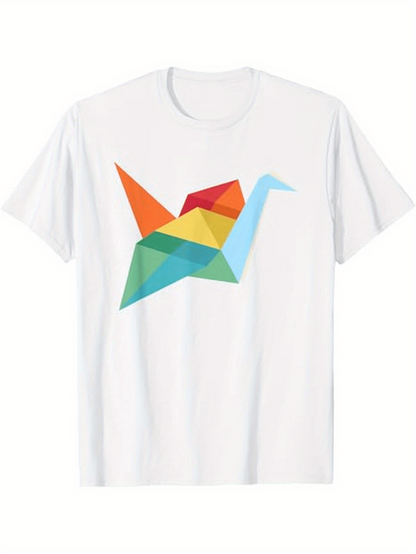 Men's Graphic T-Shirt Geometric Rainbow Shapes Forming Origami Bird Under Soft Light Crane