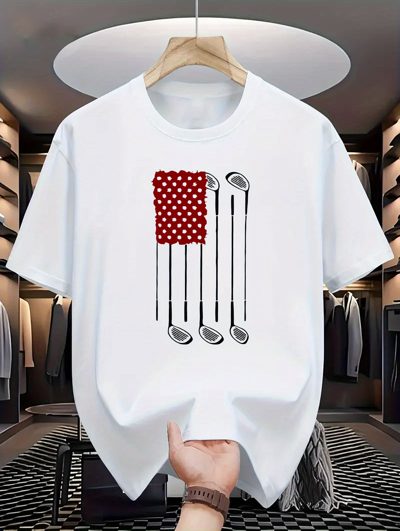 Men's Graphic T-Shirt Red Dotted Pattern With Golf Clubs On White Background