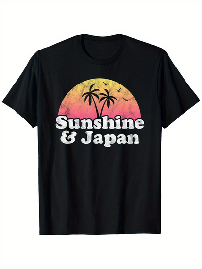 Men's Graphic T-Shirt Sunshine Japan Vibrant Sunset With Palm Trees And Flying Birds