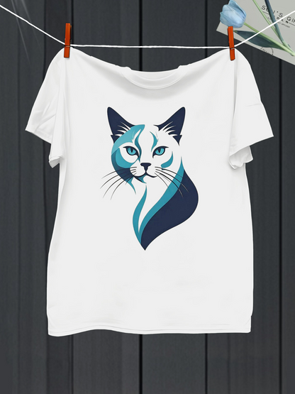 Men's Graphic T-Shirt Abstract Blue And White Curved Lines Forming A Graceful Cat