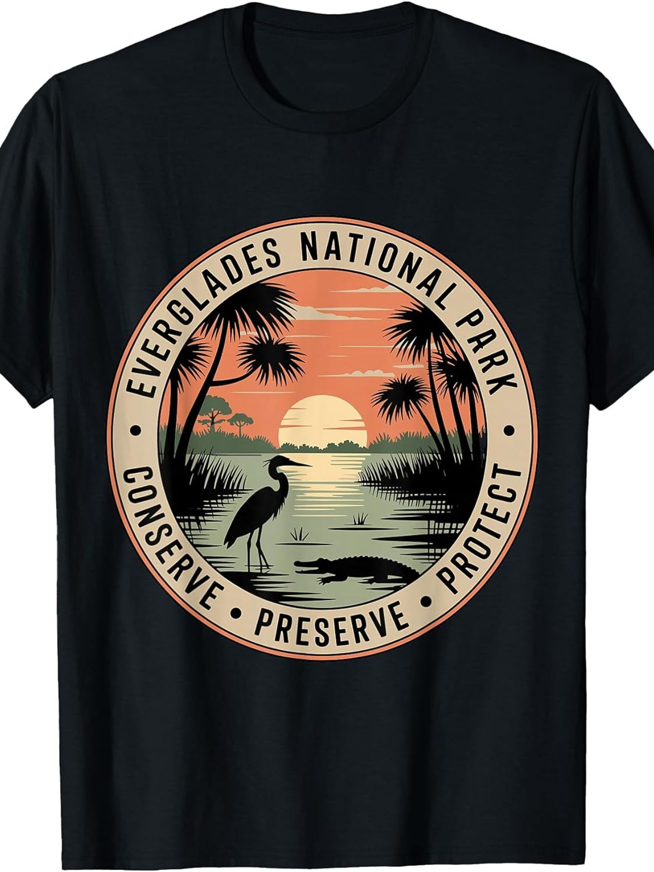 Men's Graphic T-Shirt Vintage Sunset Landscape With Wetlands Silhouetted Egret And Palm Trees