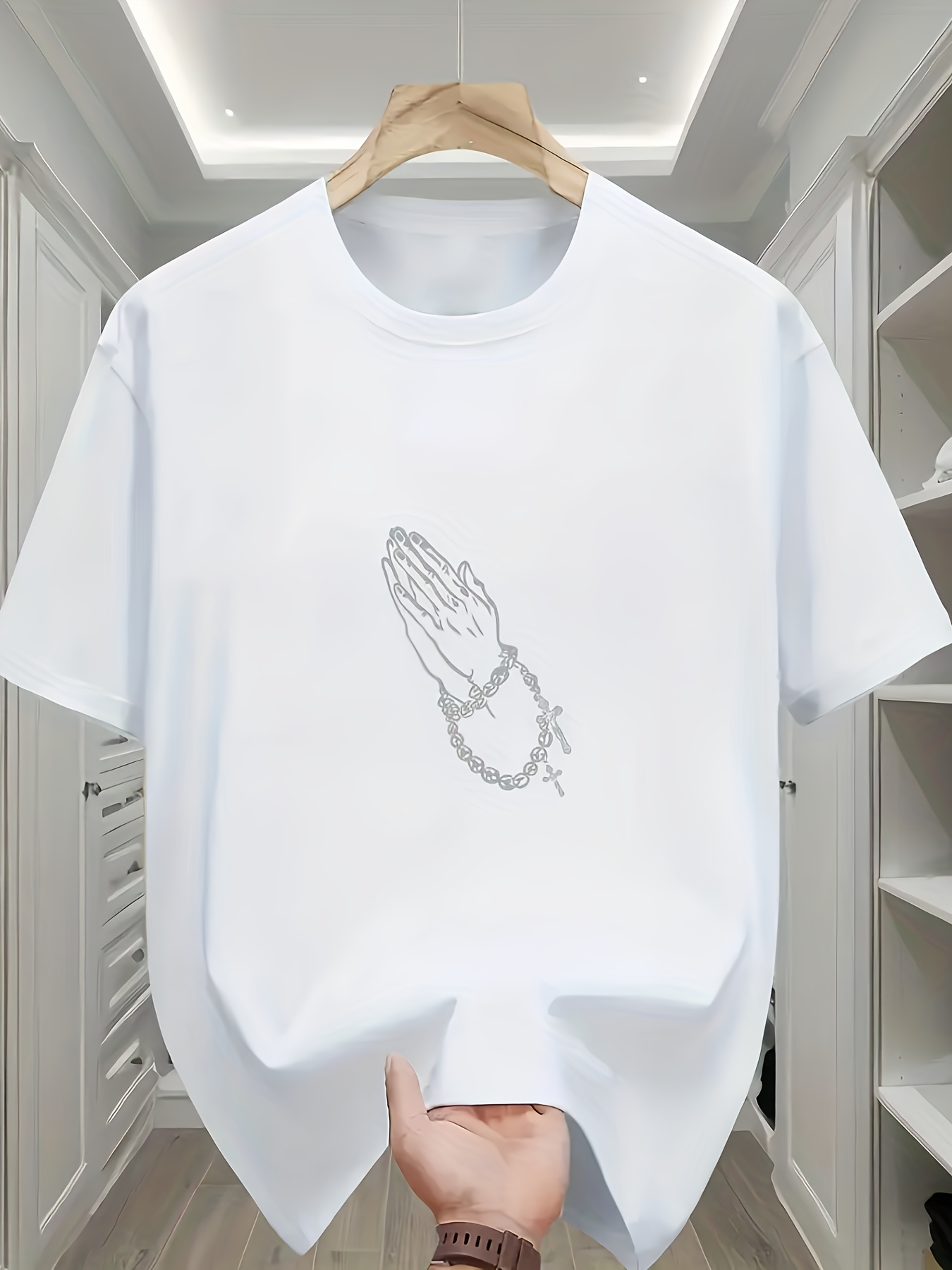 Men's Graphic T-Shirt Minimalist Thin Line Hands With Rosary Beads In Prayer