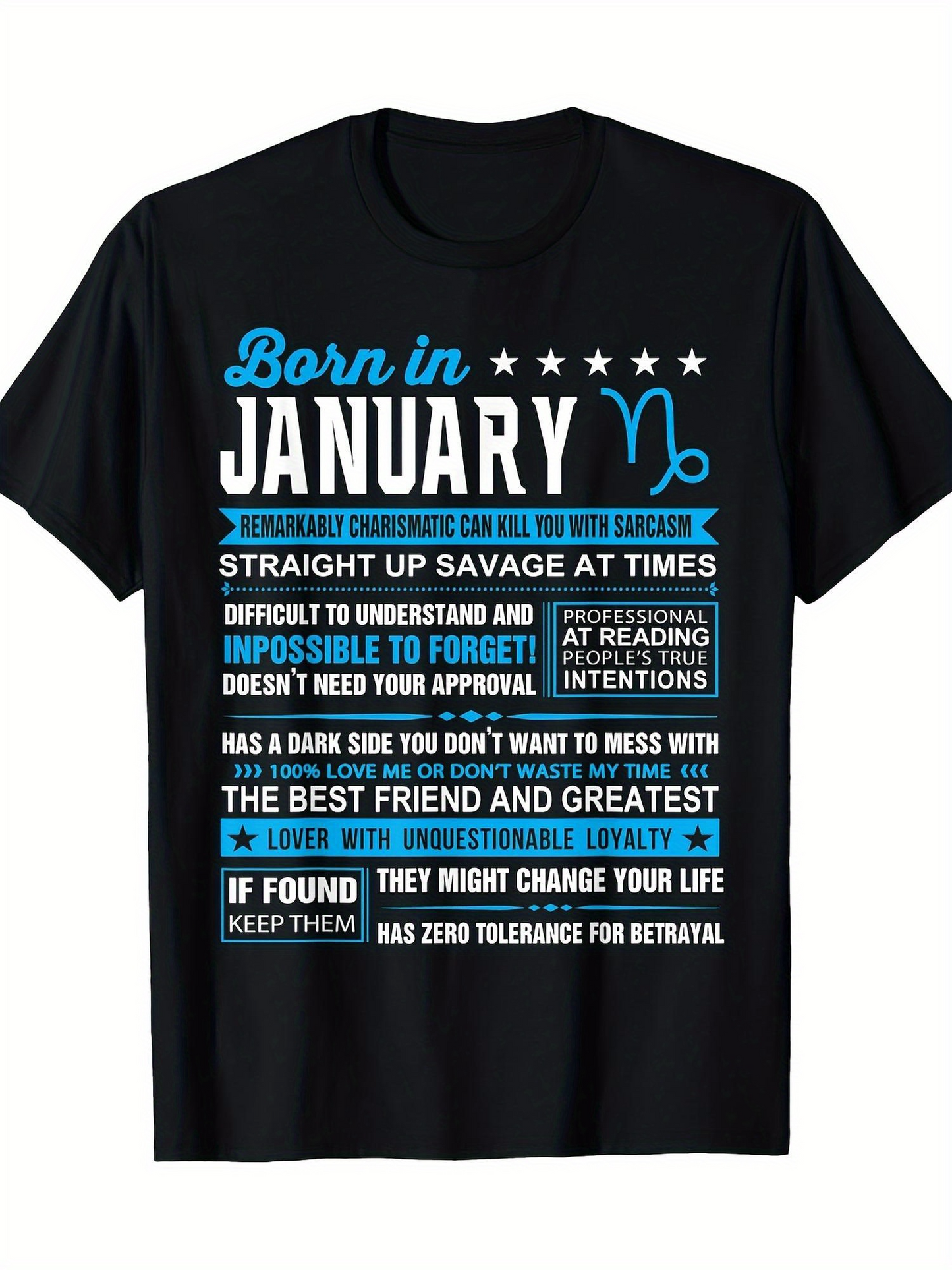 Men's Graphic T-Shirt Born In January Zodiac Themed Motivational Quotes With Stars Capricorn Symbol