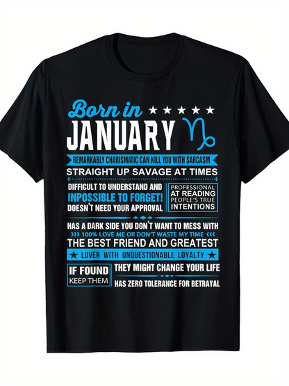 Men's Graphic T-Shirt Born In January Zodiac Themed Motivational Quotes With Stars Capricorn Symbol