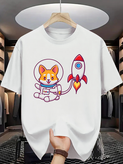Men's Graphic T-Shirt Playful Space Dog With Rocket Flying Among Stars Astronaut Adventure