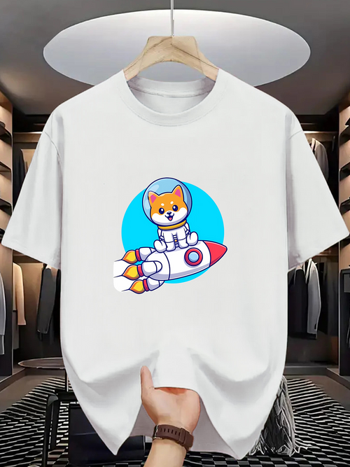 Men's Graphic T-Shirt Cartoon Shiba Inu In Astronaut Suit Riding Colorful Space Rocket