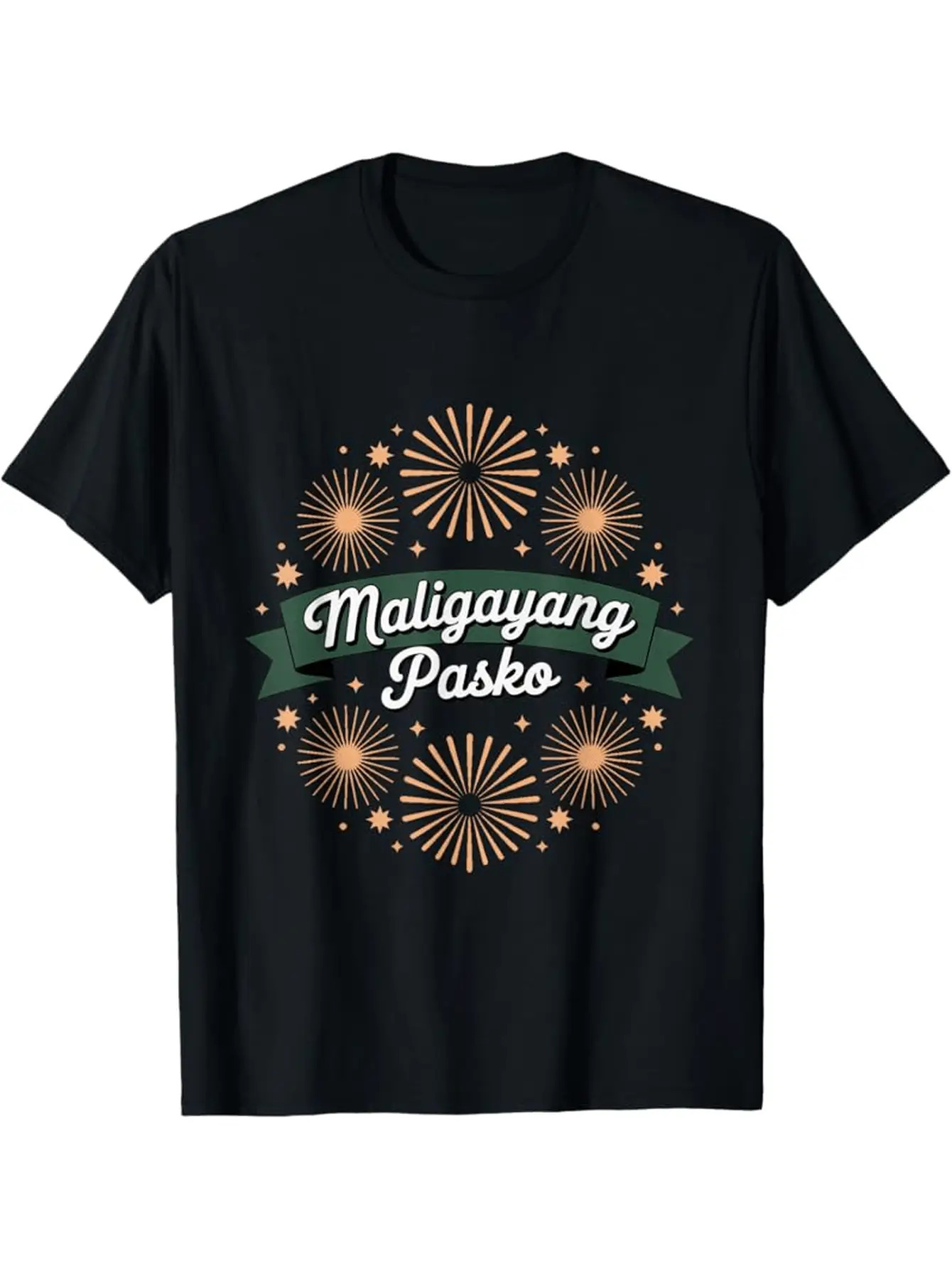 Men's Graphic T-Shirt Festive Fireworks With Green Accents Surrounding Christmas Greeting Shirt