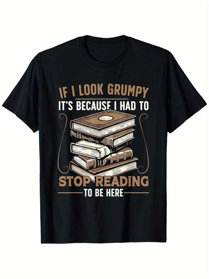 Men's Graphic T-Shirt If I Look Grumpy Stacked Books With Warm Tones Surrounded By Glasses Vintage Reading Theme