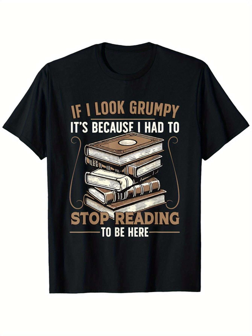 Men's Graphic T-Shirt If I Look Grumpy Stacked Books With Warm Tones Surrounded By Glasses Vintage Reading Theme