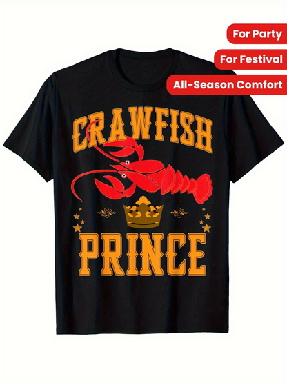Men's Graphic T-Shirt Crawfish Prince With Bright Gold Lettering And Royal Crown Underneath Red Crawfish