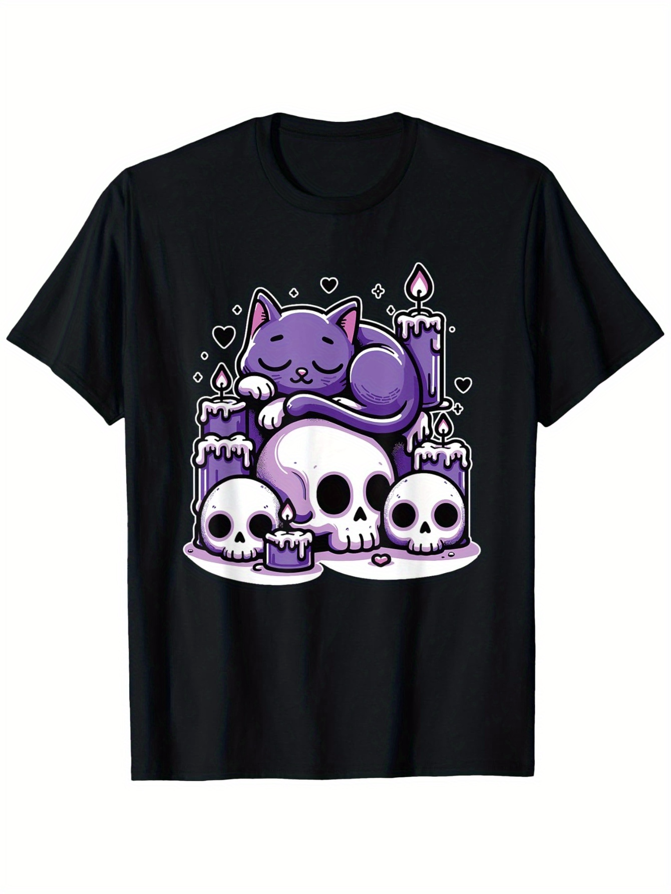 Men's Graphic T-Shirt Purple Cat Resting Among Glowing Candles And Three White Skulls