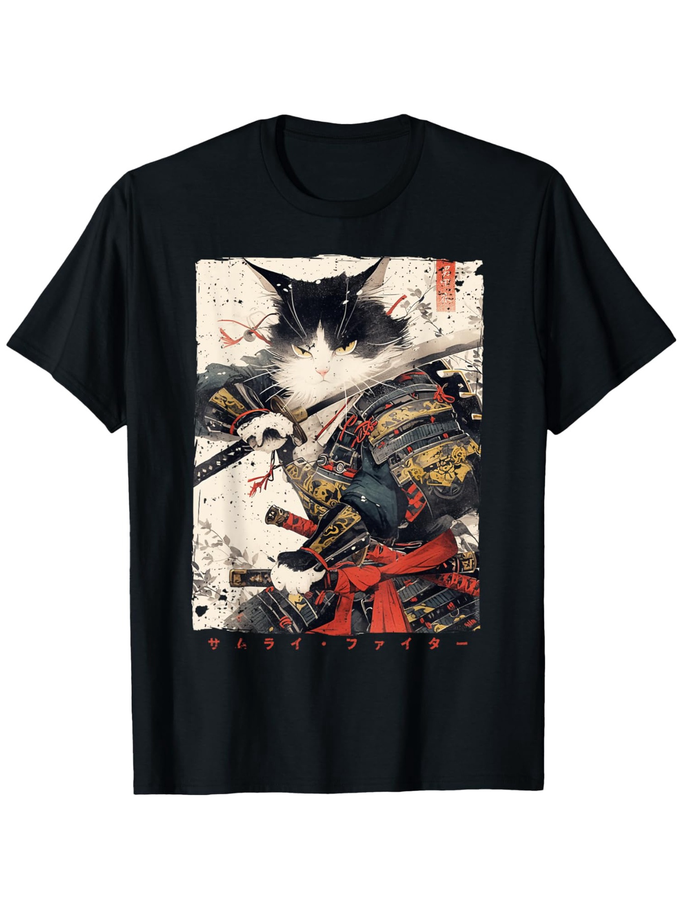 Men's Graphic T-Shirt Majestic Black And White Cat Warrior In Colorful Samurai Armor