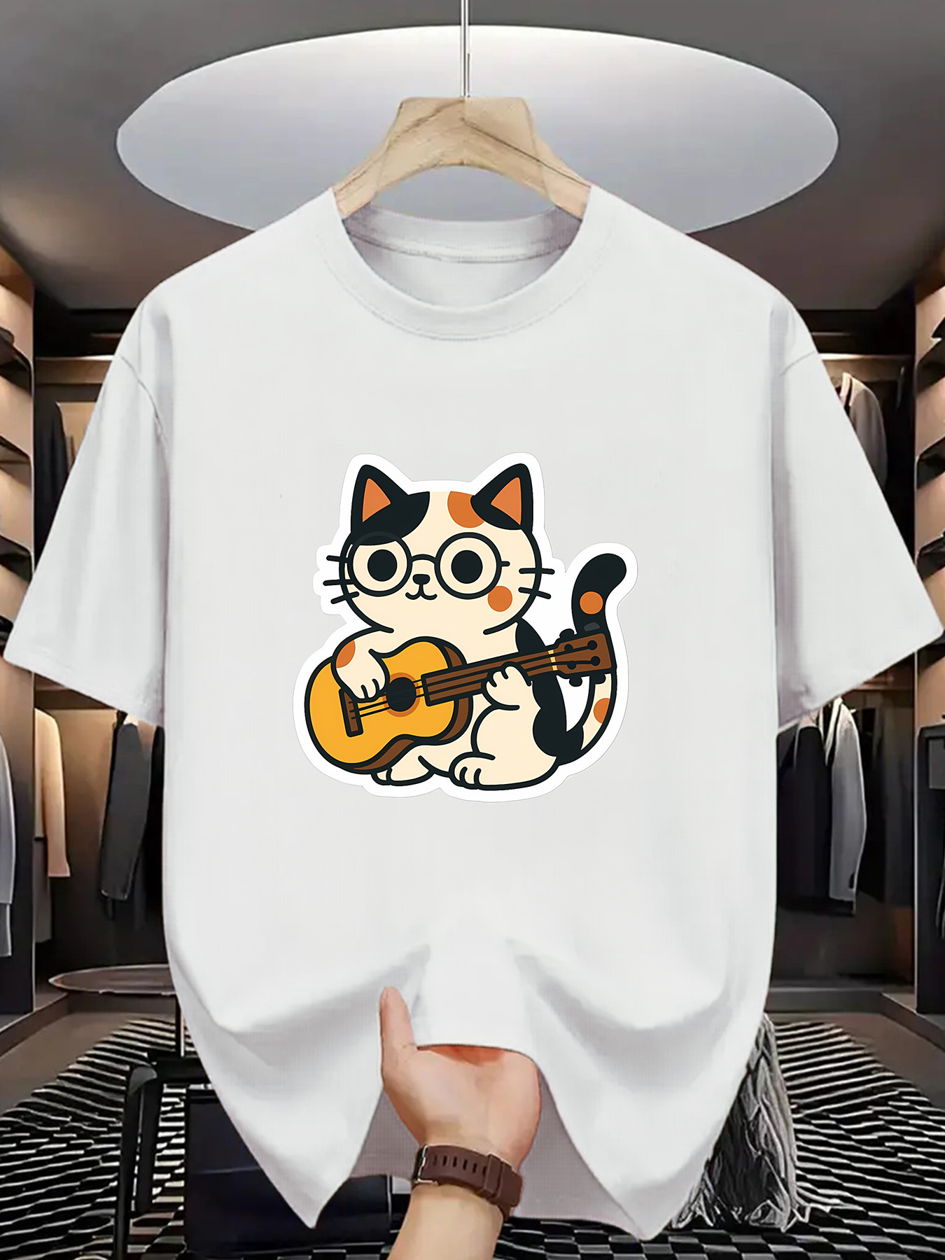 Men's Graphic T-Shirt Playful Cartoon Style Cat With Guitar Sitting In Spotlight