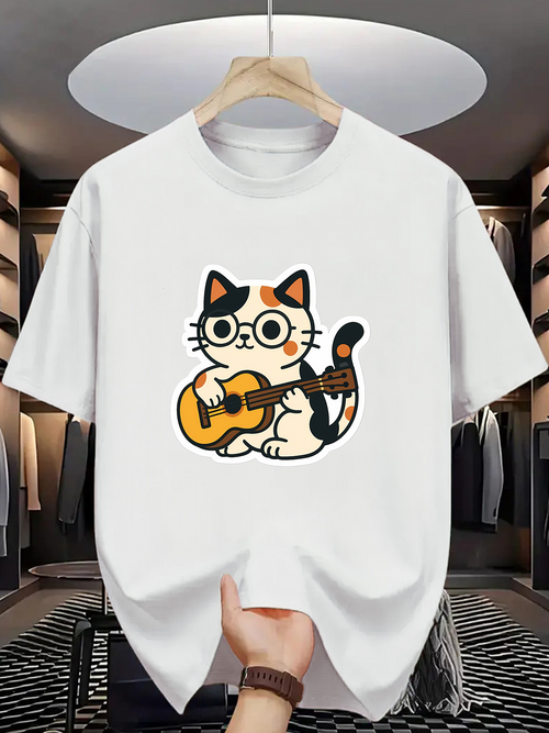 Men's Graphic T-Shirt Playful Cartoon Style Cat With Guitar Sitting In Spotlight