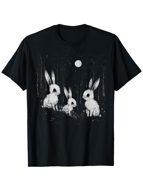 Men's Graphic T-Shirt Three White Rabbits Under The Full Moon In A Midnight Forest