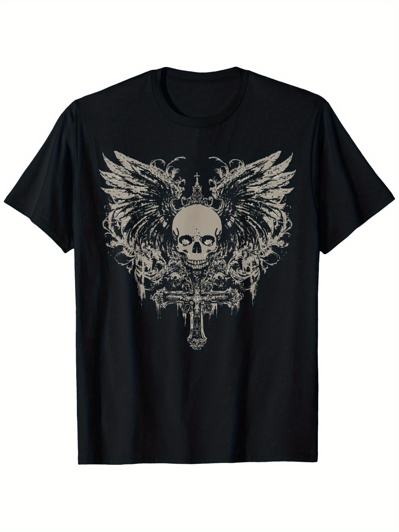 Men's Graphic T-Shirt Dark Gothic Wings With Ornate Patterns Behind Malevolent Skull
