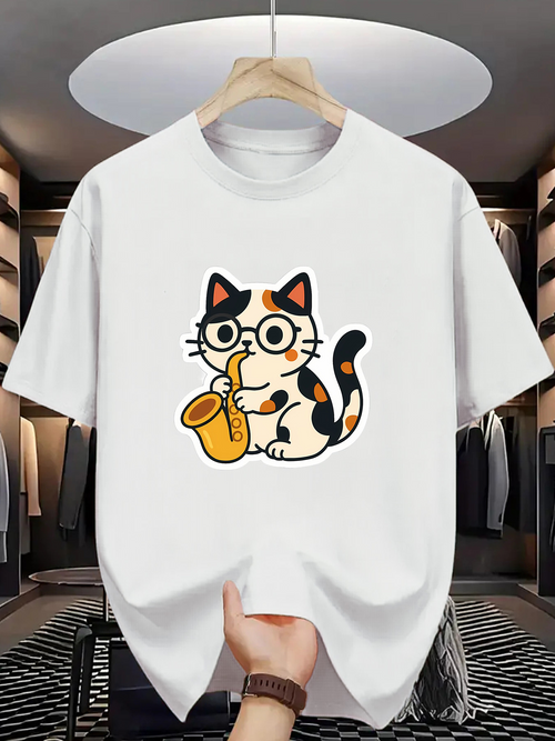 Men's Graphic T-Shirt Colorful Cartoon Cat With Round Glasses Holding A Jazz Saxophone Cat