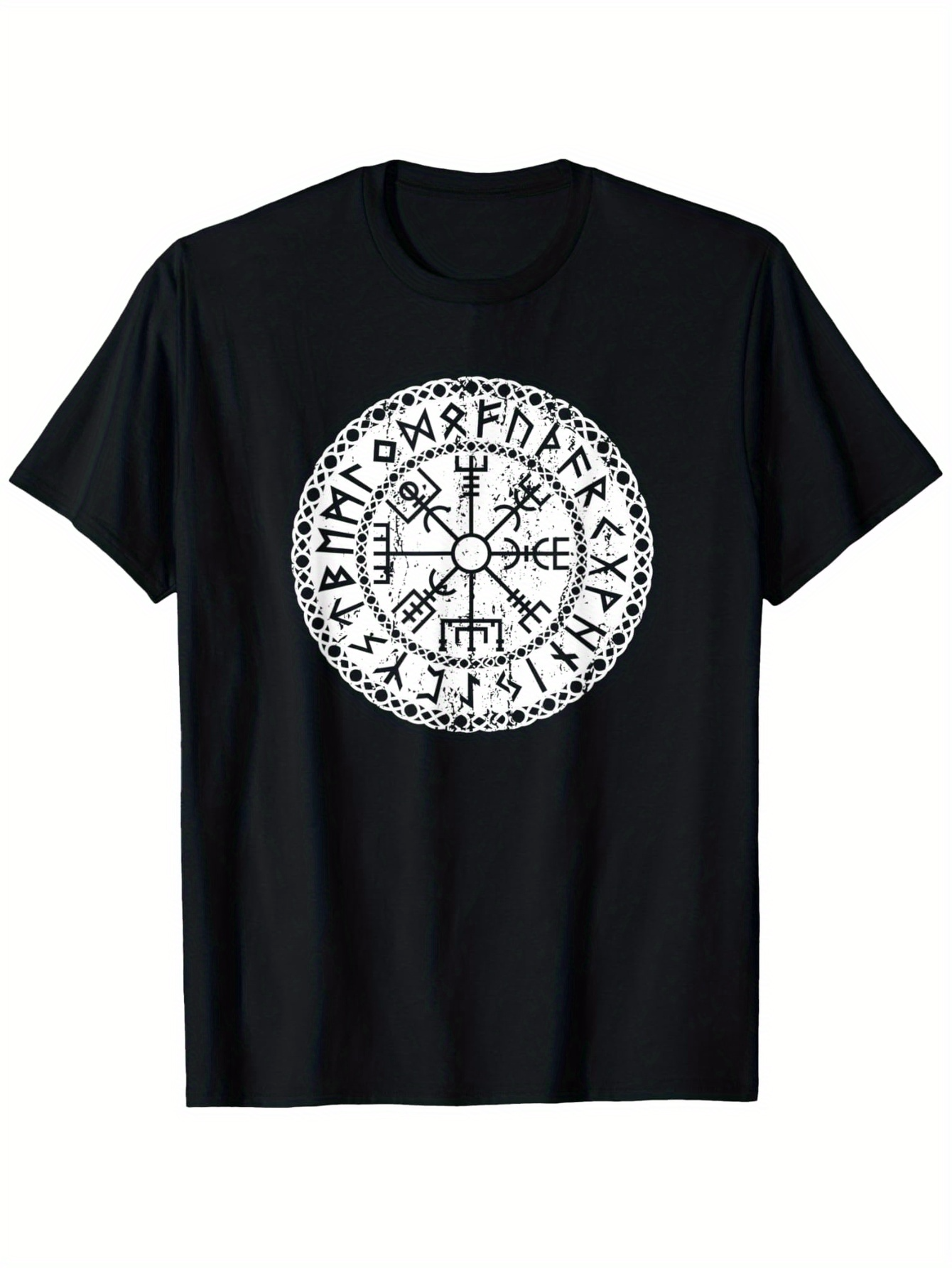 Men's Graphic T-Shirt Ancient Runes Circle With Nordic Symbols Surrounding Central Magical Compass
