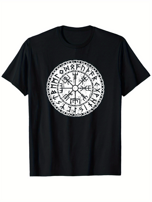 Men's Graphic T-Shirt Ancient Runes Circle With Nordic Symbols Surrounding Central Magical Compass