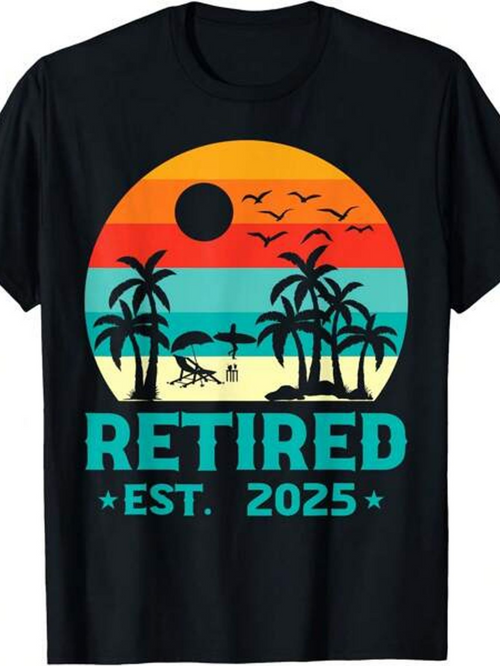 Men's Graphic T-Shirt Retired Est 2025 Retro Sun With Flying Birds Among Palm Trees