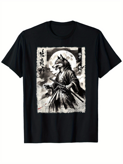 Men's Graphic T-Shirt Samurai Wolf Under Full Moon With Traditional Brush Ink Clouds Mist
