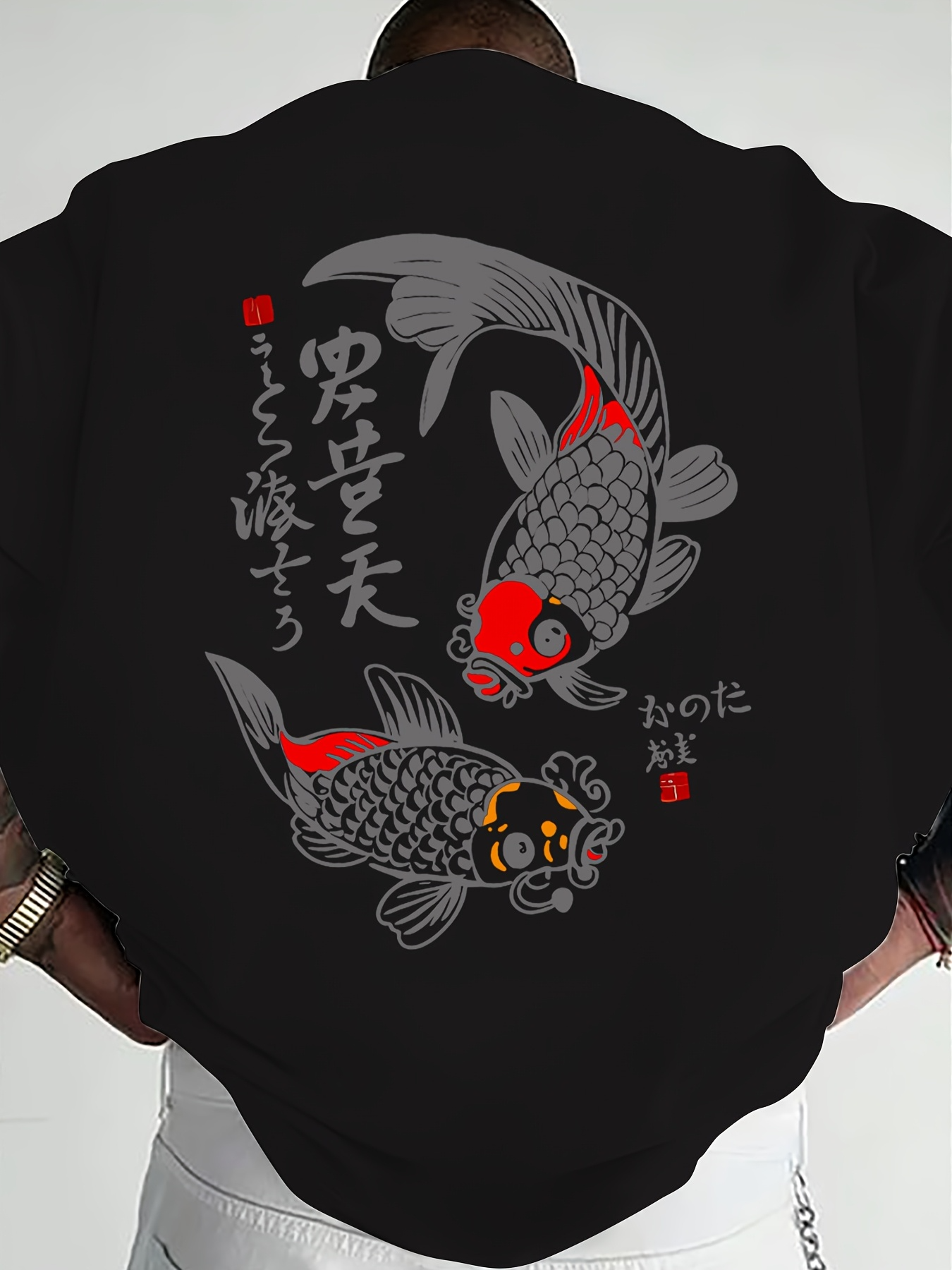 Men's Graphic T-Shirt Traditional Japanese Style With Red Gray Patterned Koi Fish