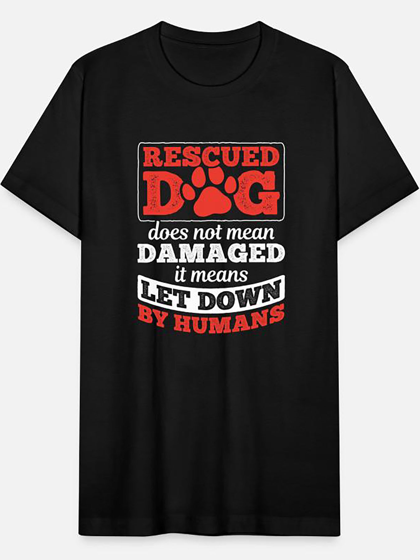 Men's Graphic T-Shirt Rescued Dog Bold Red Lettering With Paw Print Centered On Shirt