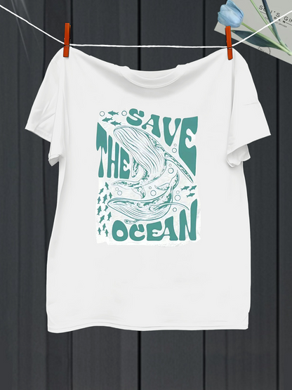 Men's Graphic T-Shirt Save The Ocean Whale With Flowing Water Surrounded By Tiny Bubbles