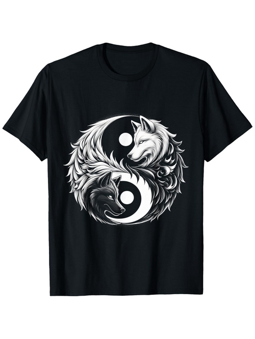 Men's Graphic T-Shirt Mystical Balance With Black And White Wolves Forming Yin Yang Symbol