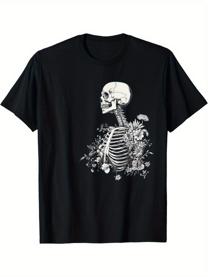 Men's Graphic T-Shirt Vintage Skeleton With Wildflowers Among Rustic Blooms Skeleton