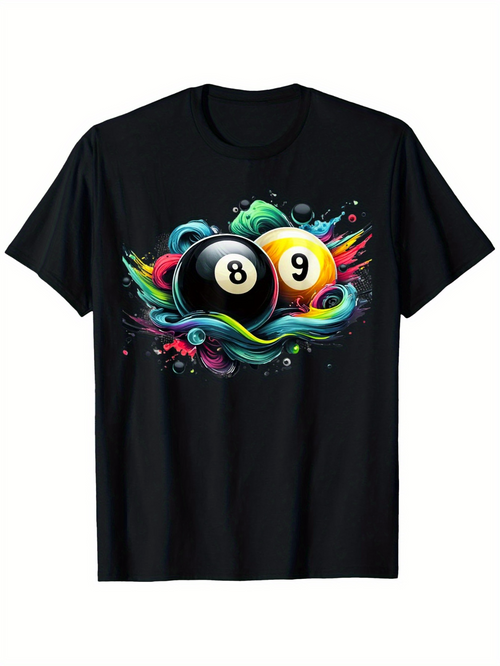 Men's Graphic T-Shirt Colorful Splashes With Water Flow Circling Black And Yellow Pool Balls