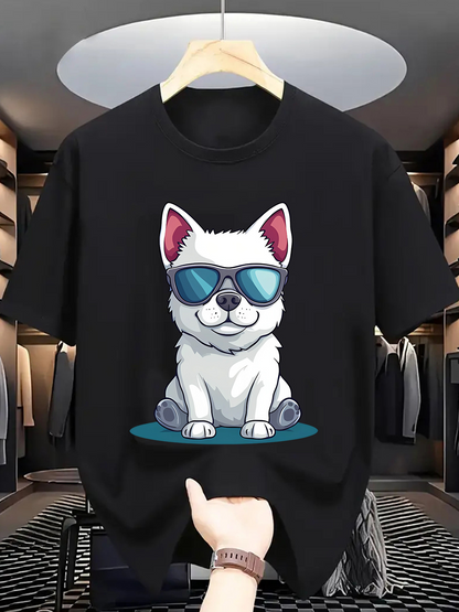 Men's Graphic T-Shirt Cool Sunglasses With White Cartoon Sitting Dog