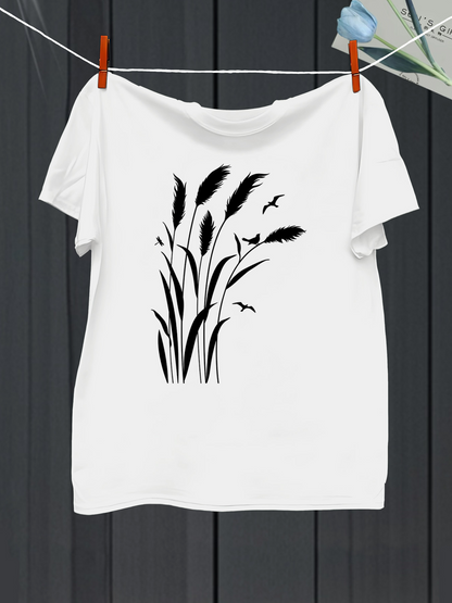 Men's Graphic T-Shirt Wild Grasses And Flying Birds Under Open Sky Plant