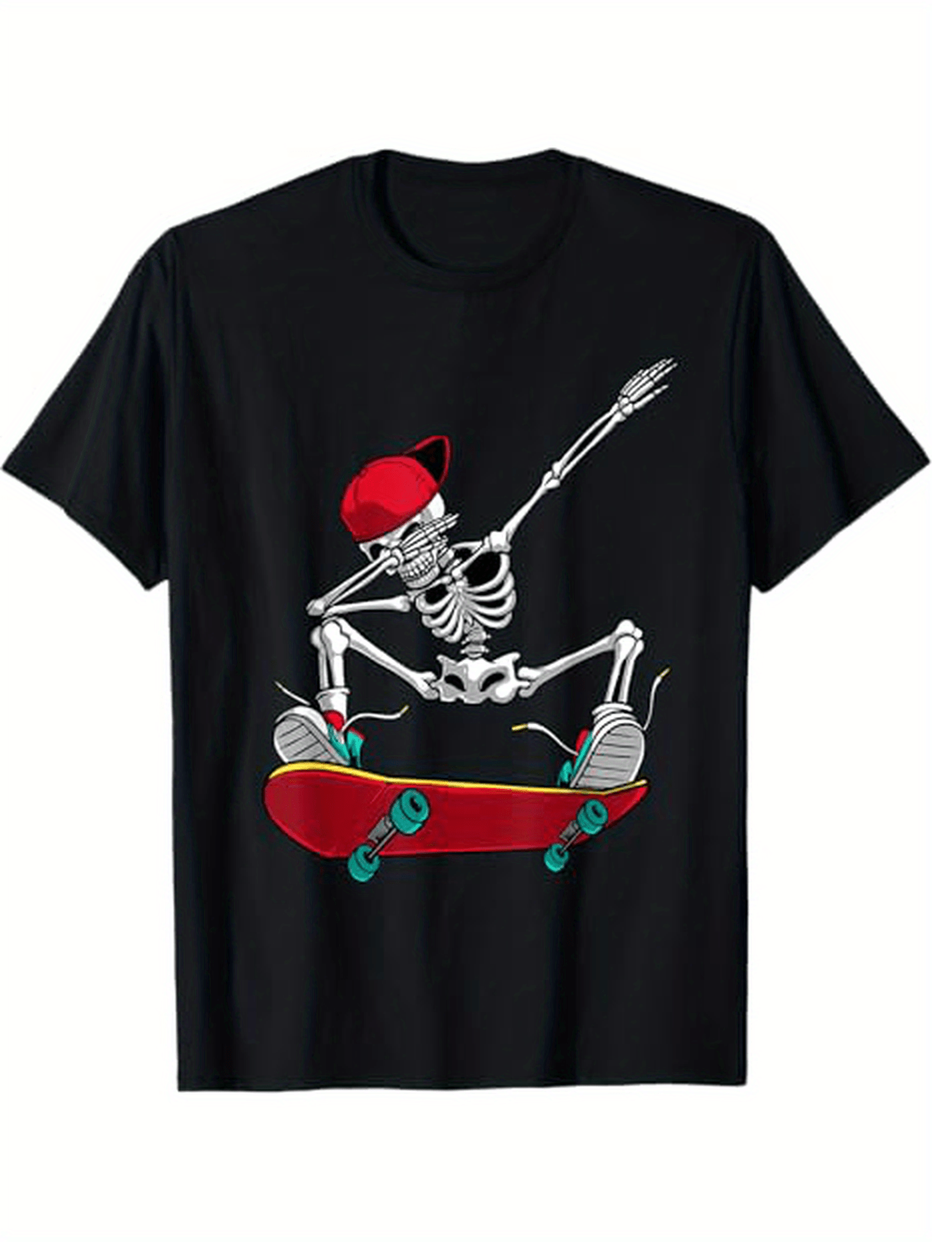 Men's Graphic T-Shirt Energetic Red Cap Skeleton Riding A Skateboard In Midair