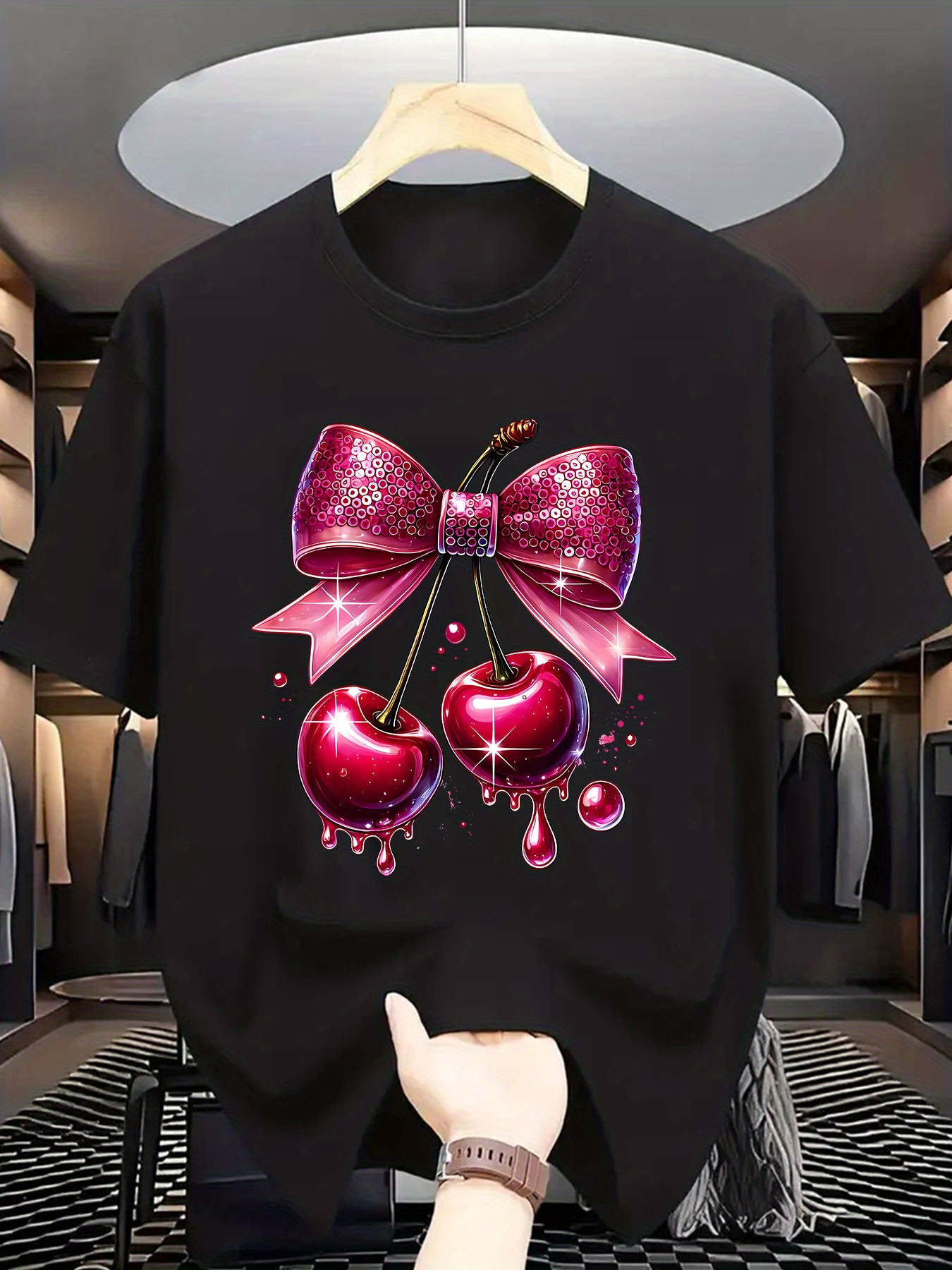 Men's Graphic T-Shirt Glossy Cherries With Pink Ribbon And Sparkling Drops Cherry