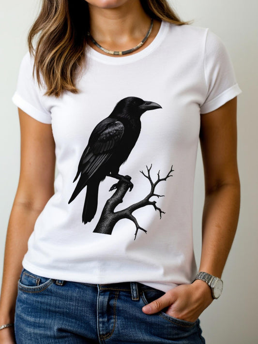 Women's Graphic T-Shirt Ink Black Raven Perched On Bare Tree Branch In Still Silence