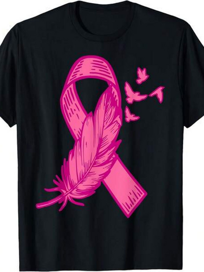 Men's Graphic T-Shirt Pink Feather With Ribbon And Flying Birds On Shirt