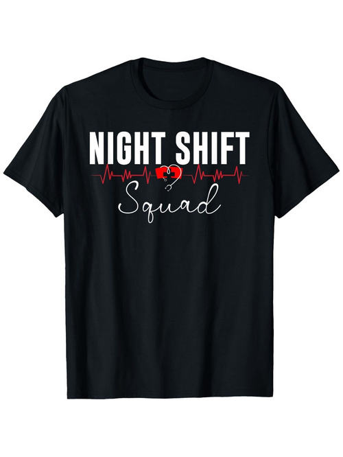 Men's Graphic T-Shirt Night Shift Squad Red Heartbeat Print With Broken Heart Symbol