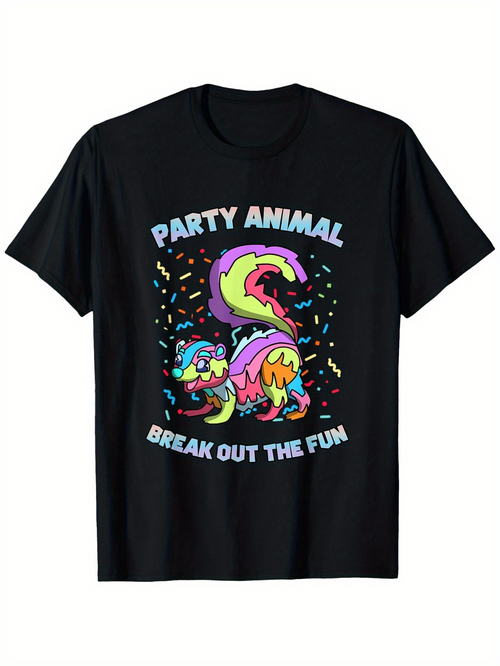 Men's Graphic T-Shirt Party Animal With Colorful Confetti And Neon Decorative Dancing Skunk