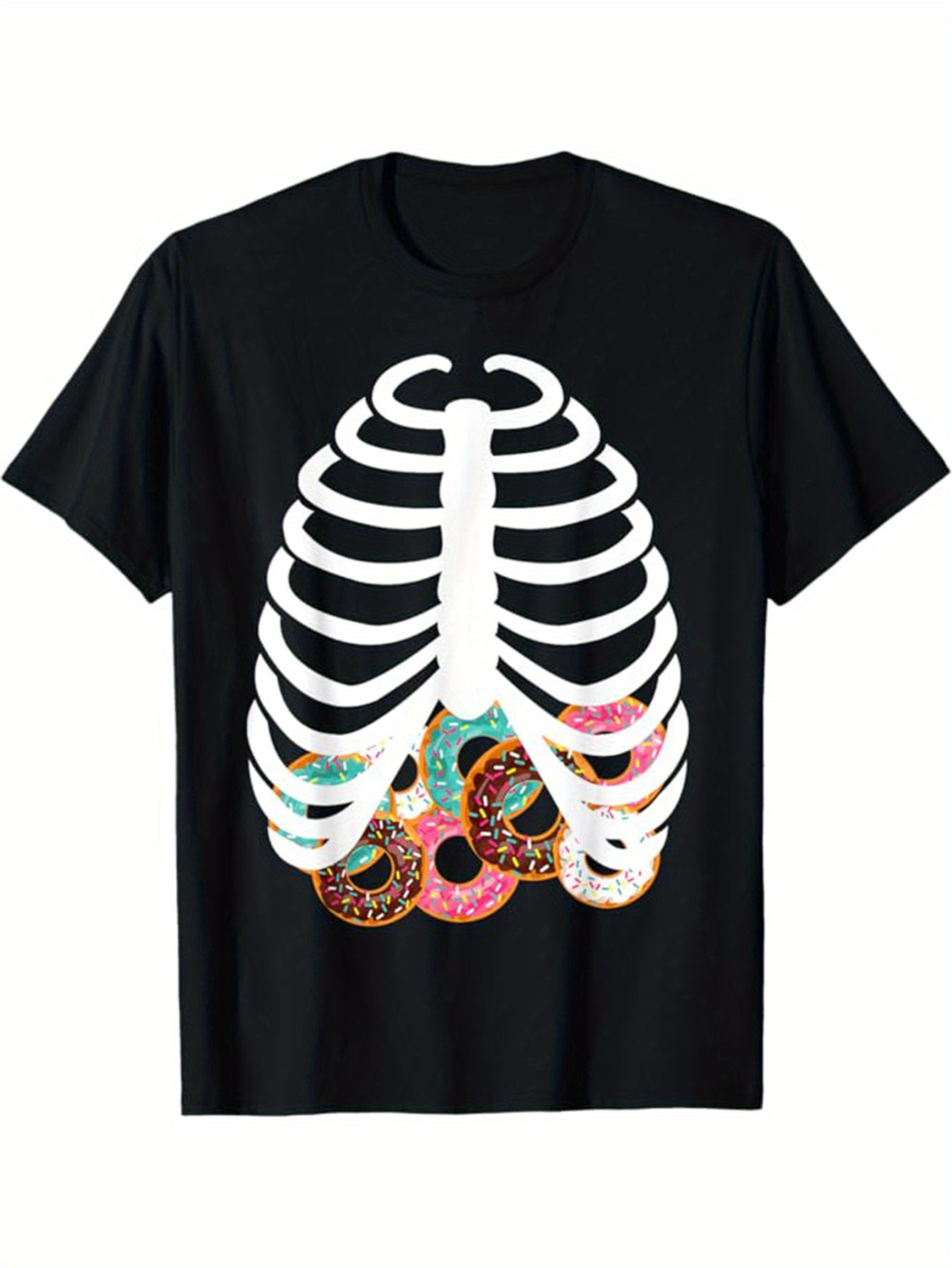 Men's Graphic T-Shirt Colorful Sprinkled Donuts Beneath White Skeleton Ribcage