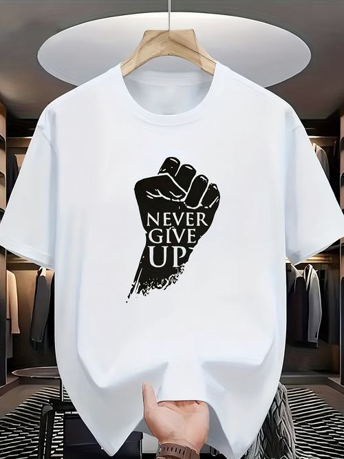 Men's Graphic T-Shirt Never Give Up Raised Fist With Powerful Brushstroke Details Inspiring Motivational Graphic Hand